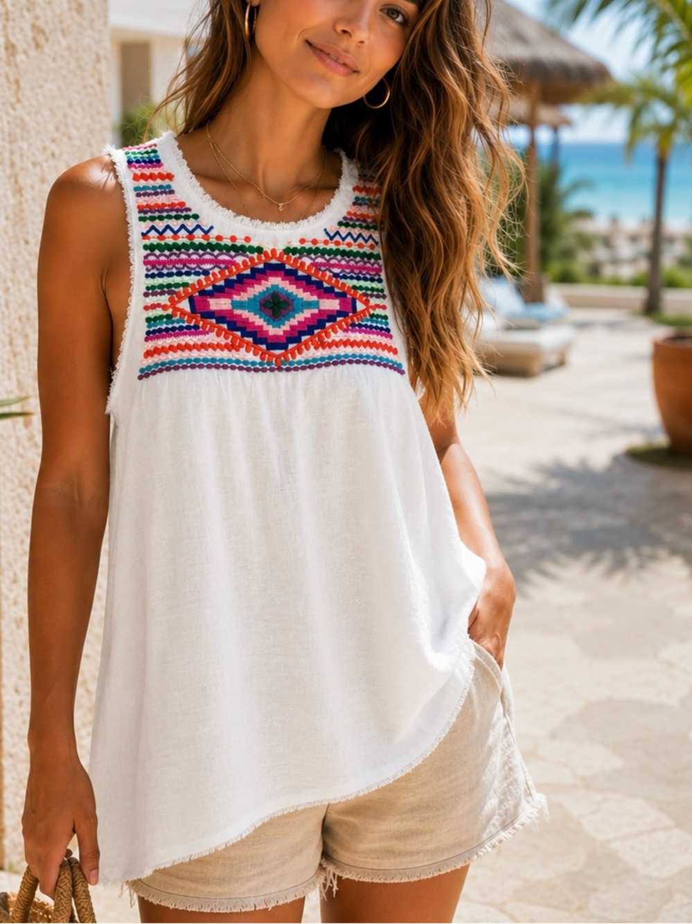 Christophe Sauvat Embroidered Tribal Cotton Sleeveless Top Coastal Resortwear S
